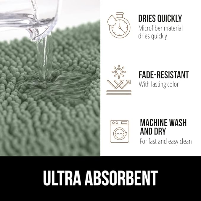 GORILLA GRIP Bath Rug Mat 36x24, Soft Absorbent Chenille, Quick Dry Microfiber Mats, Rubber Backing Washable Shower Floor Rugs, Bathmat Runner, US Designed Bathroom Home Decor Accessories Sage Green