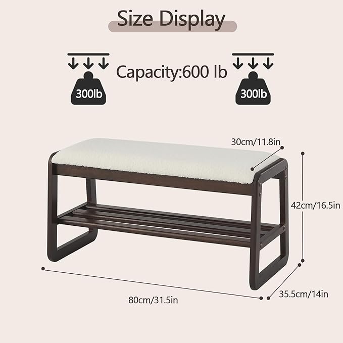 Shoe Rack Bench,2 Tier Wooden Entryway Bench with Shoe Storage, Shoe Rack with Cushion for Living Room, Hallway(Cream White, 31.5")