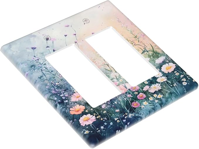 Decorative Outlet Covers Pink Floral Wildflower Green Plants 2 Gang Light Switch Cover Plate Double Rocker Wall Plate Gfci Switch Plate Covers for Bathroom Decor