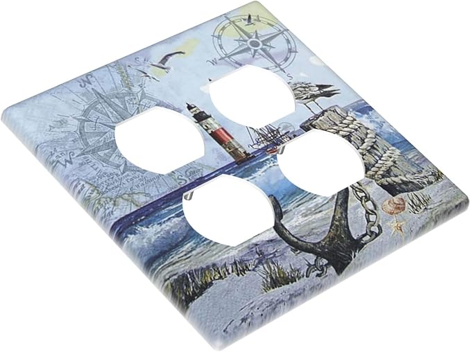 Decorative Light Switch Cover Plate Sea Ocean Sand Coast Compass Ship Lighthouse Anchor 2 Gang Socket Covers Double Duplex Wallplates Switch Plates and Outlet Covers for Bathroom Bedroom Decor