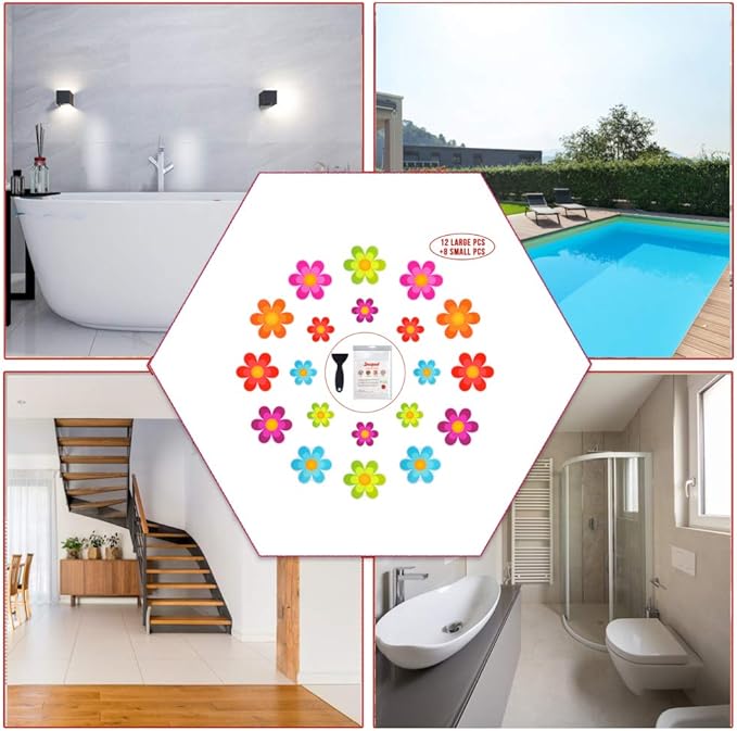 20 PCS Original Non Slip Bathtub Stickers, Shower Floor Non Slip Stickers Bright Flowers Appliques with Premium Scraper