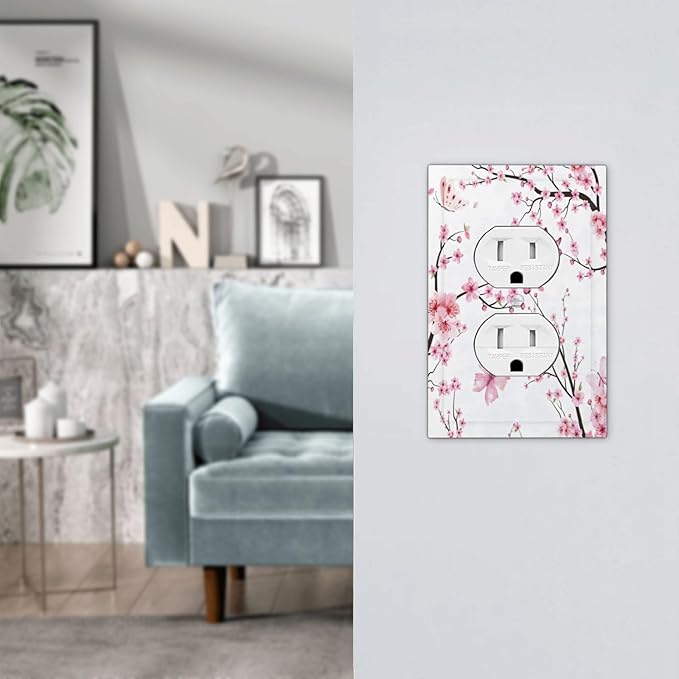 Cherry Floral Watercolor Pink Flowers Butterfly Outlet Covers 1 Gang Duplex Light Switch Cover Decorative Switch Plates Electrical Receptacle Faceplate Wall Plate for Bed Room Living Room Decor