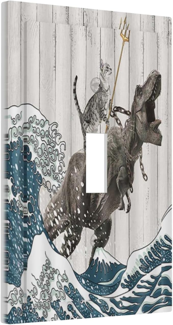 Funny Cat Cool Cat Dinosaur Japanese Sea Waves Wood Single Toggle Light Switch Cover Plate Decorative 1 Gang Wall Plate Cover Electrical Device Switchplate for Farmhouse Bedroom Bathroom Decor