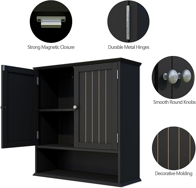 Over The Toilet Bathroom Wall Cabinet with 2 Doors & Open Shelf – Space Saving Medicine Cabinet, Wooden Wall Mounted Storage Cupboard for Bathroom Organization Black