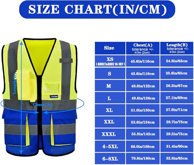 A-SAFETY Reflective Safety Vest, Hi Vis 9 Pockets High Visibility Zipper Front Safety Vest, Yellow&Blue Color Mixed, L