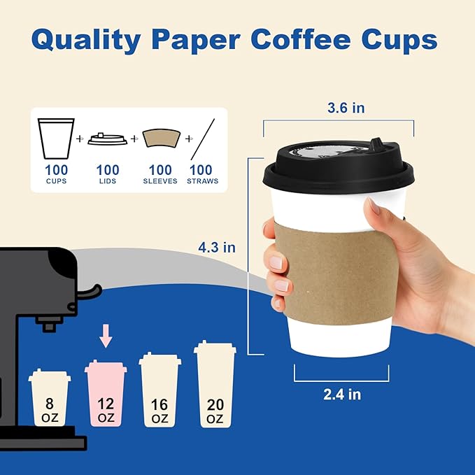 12 Ounce Hot Coffee Cups 100 Pack, Durable for Business and Personal Use