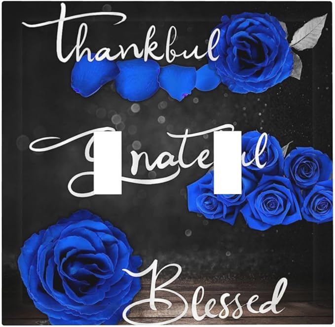 Light Switch Cover Blue Rose Thankful Grateful Blessed 2 Gang Wall Plate Double Light Switch Plate Romantic Blue Floral Toggle Decorative Outlet Covers Electrical Switchplate for Home Decor