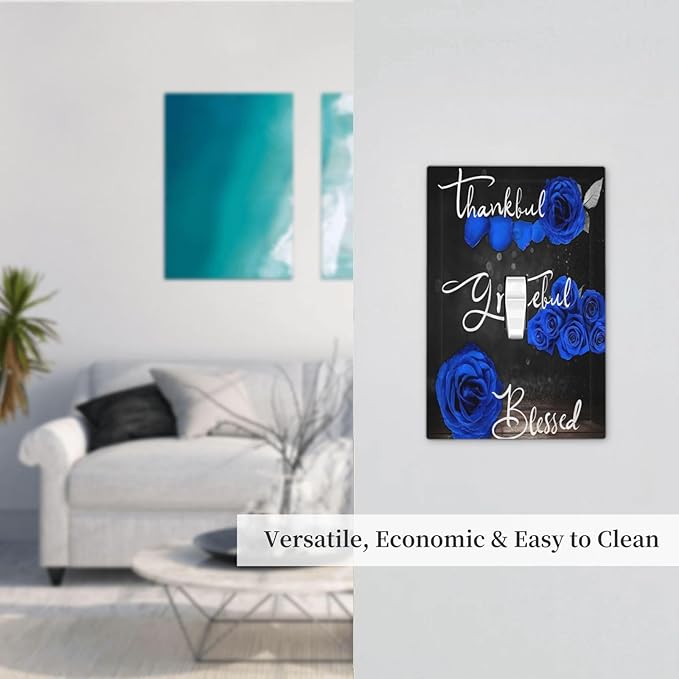Light Switch Cover Blue Rose Thankful Grateful Blessed 1 Gang Wall Plate Cover Romantic Blue Floral Single Toggle Outlet Covers Decorative Switchplate Electrical Faceplate for Home Decor