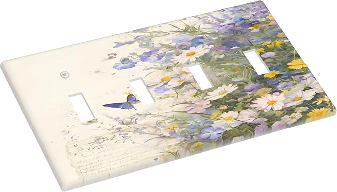 Decorative Switch Plate Covers Purple Flower Butterfly Yellow Daisy 4 Gang Light Switch Cover Plate Quad Toggle Wall Plate Light Switch Covers for Bathroom Decor
