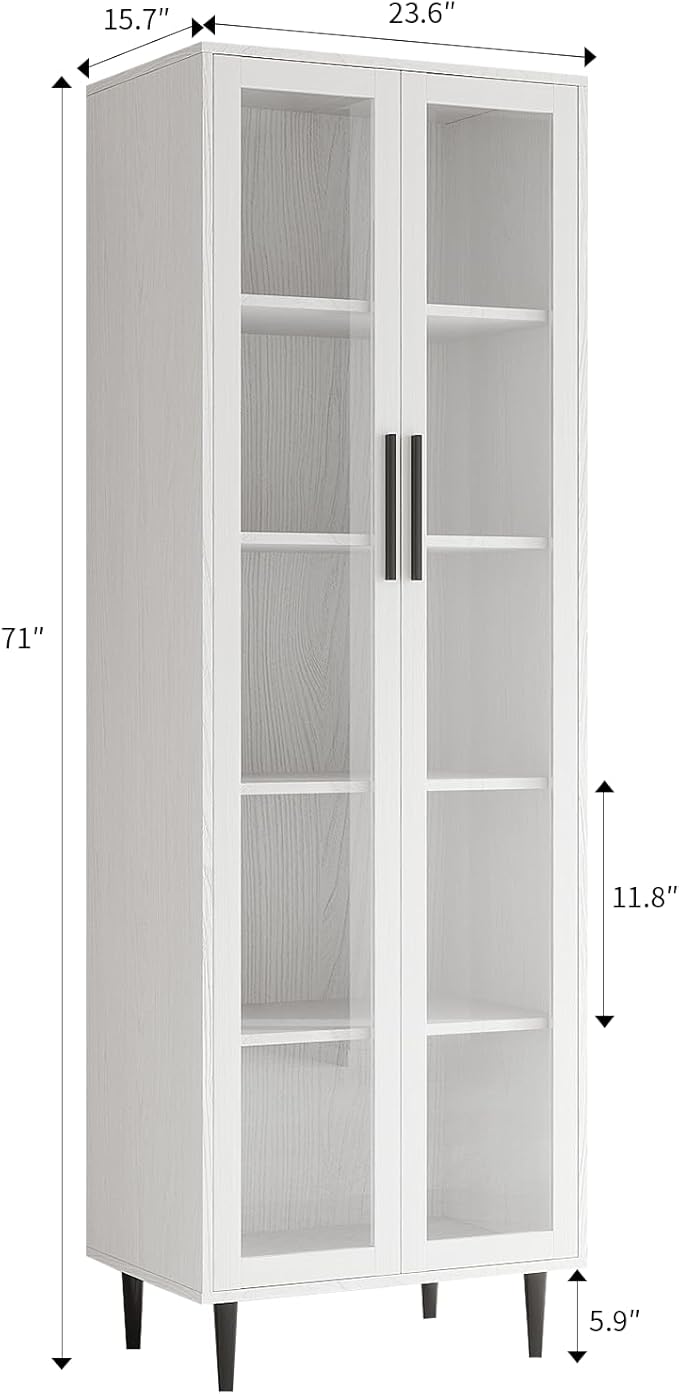 TUSY 70.9“ H Bookshelf with Glass Doors, 5-Tier Display Curio Cabinet with Drawers, Narrow Display Bookcase for Home, Office, Clinic, Pantry (Black, C)