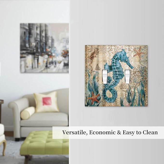 Vintage Blue Seahorse Seaweed Starfish Ocean Nautical Theme Double Toggle Light Switch Cover Decorative 2-Gang Wall Plate Cover Dual Device Electrical Switchplate Faceplate for Farm Bathroom
