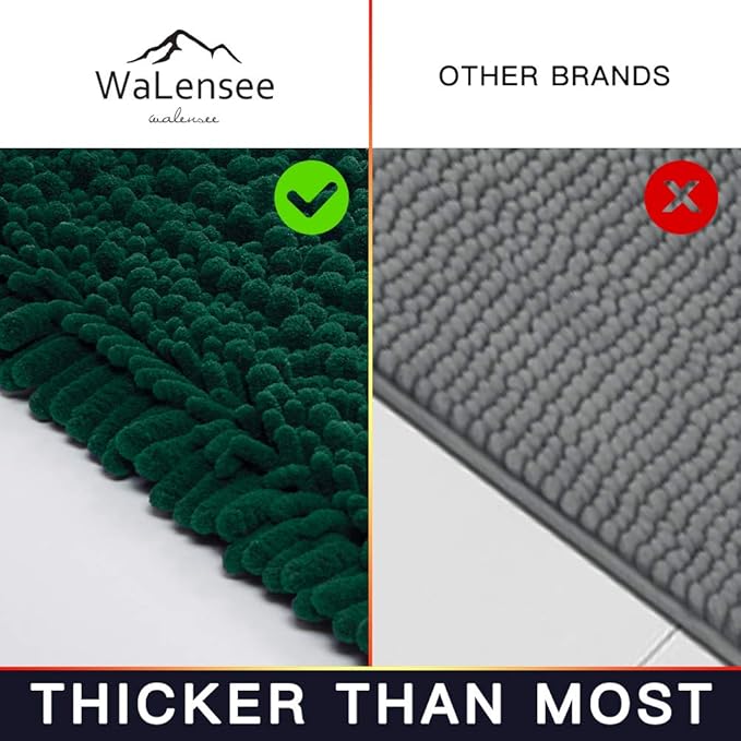Walensee Bathroom Rug 2 Pieces Set Non Slip Bath Mat (17x24 Plus 20x32 Inch Hunter Green) Water Absorbent Super Soft Shaggy Chenille Machine Washable Dry Extra Thick Perfect Carpet for Shower Floor