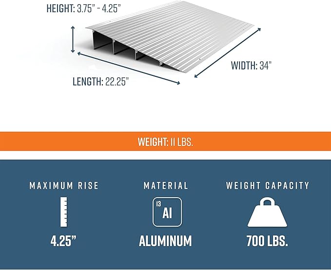 EZ-ACCESS - Threshold Ramps for Doorways - Portable Wheelchair Ramp for Home Steps, Aluminum Door Threshold Sliding Doors, Walker & Wheelchair Access - Adjustable Modular Transitions, 4" Rise