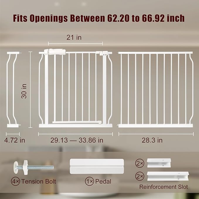 Extra Wide Baby Gate 57.5-66.9 Pressure Mounted,Child Dog Pet Safety Gates with Walk Through Door for Doorways Stairs No Drilling in Door,White