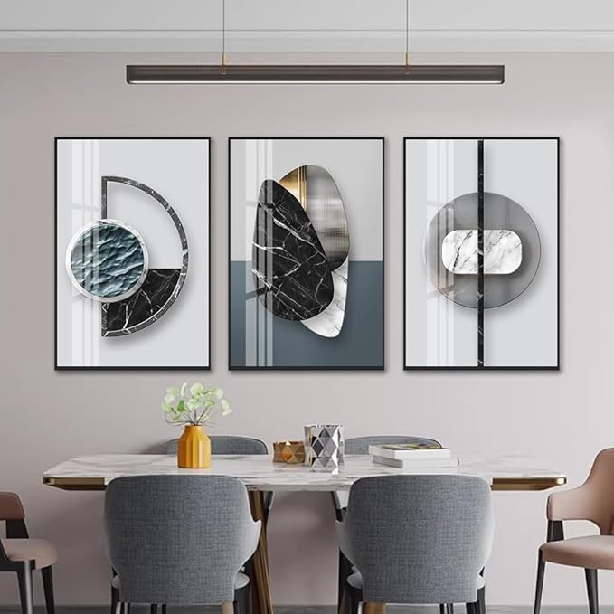 QKF Extra Large Frame Bright Geometry Abstract Canvas Wall Art Modern Home Living Room Bedroom Bathroom Wall Decor Poster & Prints Set of 3 Paintings 24"x 32" (Black Ash, 24" X 32" X 3 pieces)