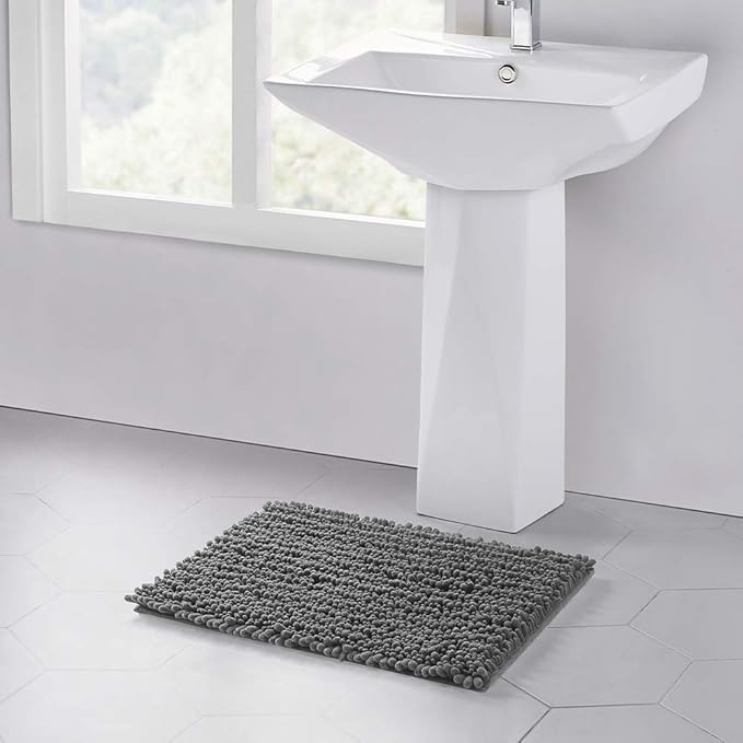 Walensee Bathroom Rug Non Slip Bath Mat (24x17 Inch Grey) Water Absorbent Super Soft Shaggy Chenille Machine Washable Dry Extra Thick Perfect Absorbant Best Small Plush Carpet for Shower Floor