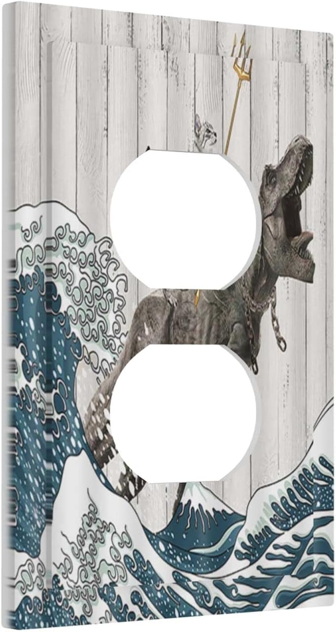 Outlet Covers Funny Cat Cool Cat Dinosaur Japanese Sea Waves Wood 1 Gang Duplex Light Switch Cover Plate Decorative Wall Plate Covers Electrical Receptacle Switchplate for Farm Bathroom Decor