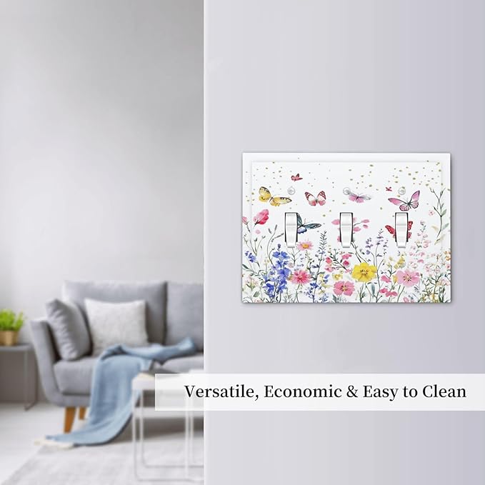 Decorative Switch Plates Watercolor Floral Butterfly Colorful Wildflower 3 Gang Wall Plate Triple Toggle Light Switch Cover Faceplate Electrical Wall Panels For Bed Room Living Room Decor