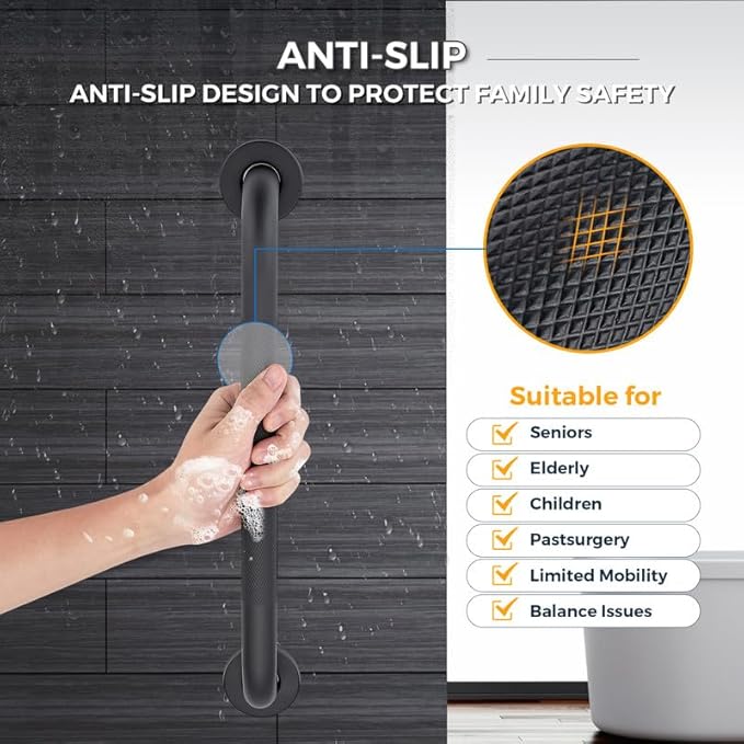 Grab Bars for Shower, 1 Pack 32-Inch Anti Slip Shower Handles for Elderly, Safety Shower Grab Bar, Stainless Steel Handicap Grab Bars for Bathroom (Black 1" Diameter)