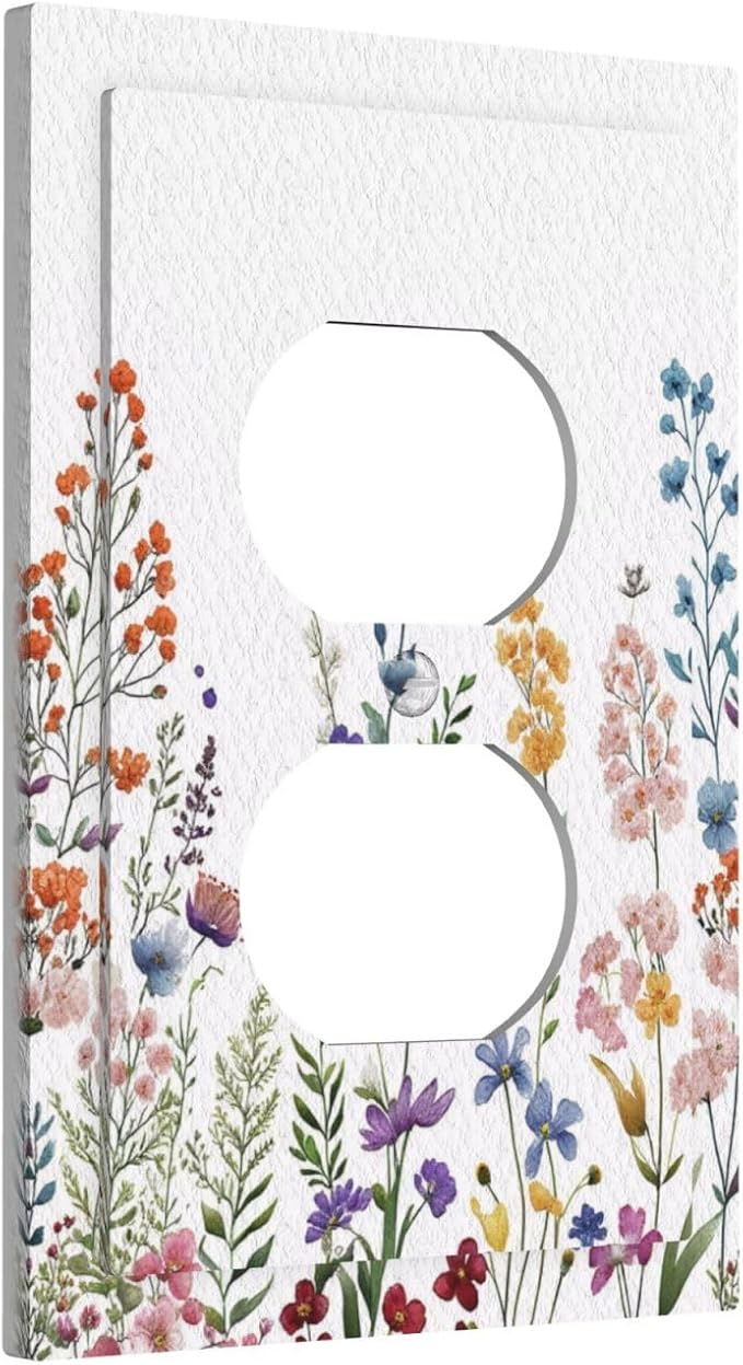 Rustic Wild Floral Vintage Colorful Flowers 1 Gang Duplex Outlet Covers Decorative Single Light Switch Covers Electrical Receptacle Wall Plate Plug Switchplate Faceplate for Bathroom Decor