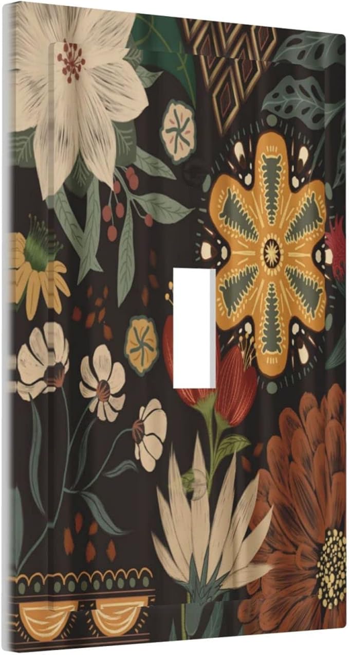 Boho Floral Tropical Leaves Single Toggle Artistic Light Switch Covers Decorative Bohemian Flowers Botanical 1 Gang Wall Plates Cover Electrical Device Switchplate for Country Bathroom Decor