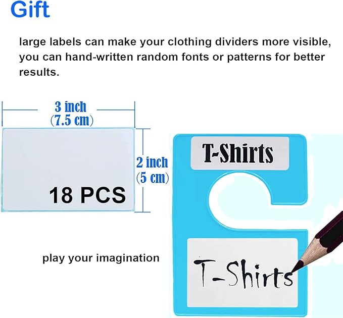 20 Pack White Clothing Rack Size Dividers Plus 45 Labels (1 Inch) and 18 Large Blank Labels, Large Rectangular Clothing Closet Dividers (Blue)