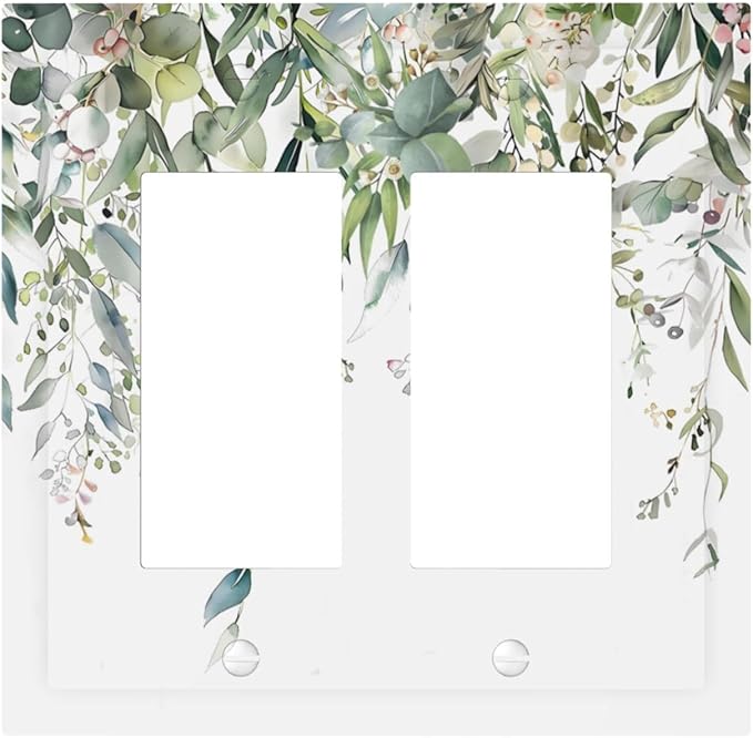 Sage Green Watercolor Eucalyptus Leaves Floral Flowers Decorative Outlet Covers 2 Gang Double GFCI Rocker Electrical Wall Panels Light Switch Cover Plate for Farmhouse Bed Room Decor