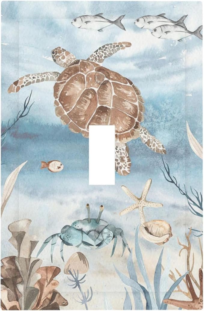 Decorative Light Switch Cover Sea Turtle Coral Reef Nauticaltheme 1 Gang Single Toggle Device Electrical Faceplate Switchplates Decorator Outlet Wall Plate for Kids room Bathroom Decor