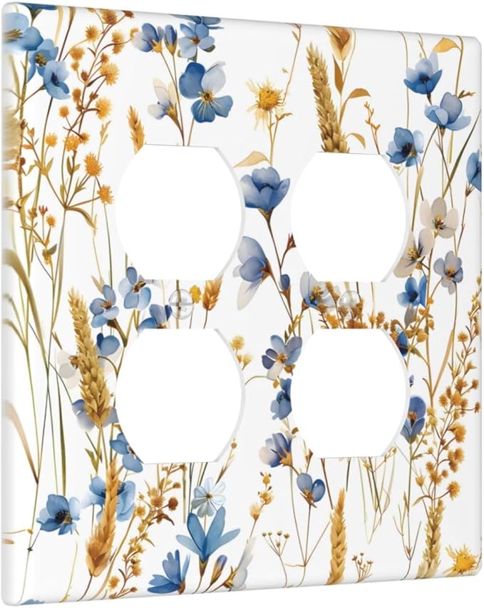 Vintage Wildflower Blue Gold Country Fall Wheat Floral Outlet Covers 2 Gang Double Duplex Decorative Light Switch Covers Electrical Wallplates Socket Faceplate for Bedroom Living Room Decor