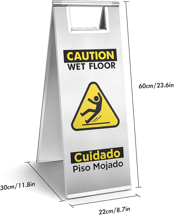 Wet Floor Sign Stainless Steel for Business, Commercial Caution Wet Floor Sign Double Sided & Bilingual, Size 24'' * 9''，Silver