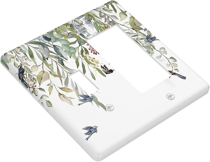 Green Leaf Eucalyptus Leaves Floral Bird Butterfly Outlet Covers 1 Toggle 1 Rocker Combination Decorative Wall Plate Electrical Switch Plates Light Switch Cover Plate for Bed Room Living Room Decor