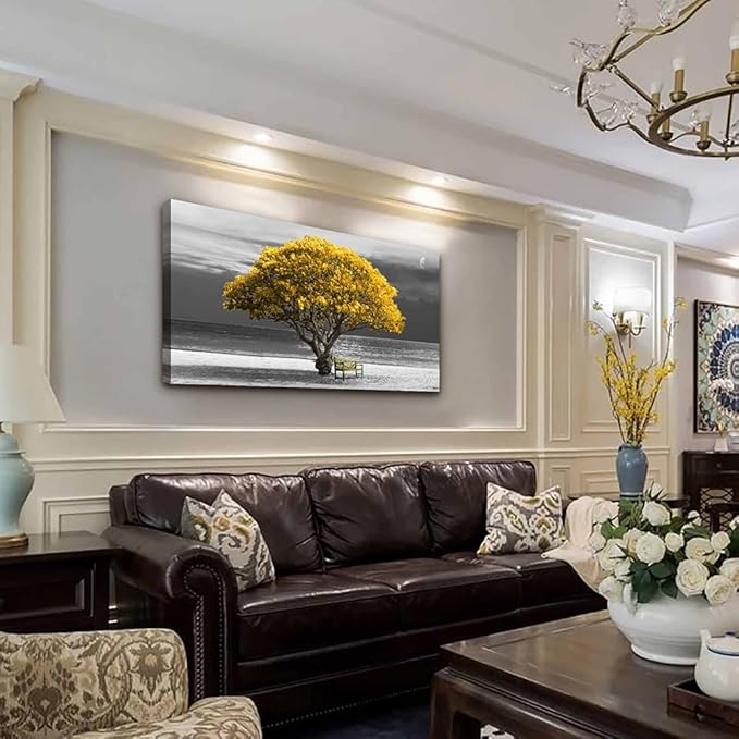 Wall Art For Living Room Decorations Photo Prints - Panoramic Black And White With Yellow Trees The Moon Scenery - Modern Home Decor The Room Stretched And Framed Ready To Hang Artwork 24x48inches