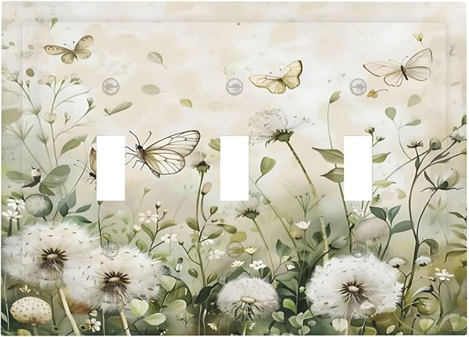 Dandelions Butterflies Watercolor Wildflowers Floral Decorative Switch Plates 3 Gang Wall Plate Triple Toggle Light Switch Cover Faceplate Electrical Wall Panels for Bedroom Living Room Decor