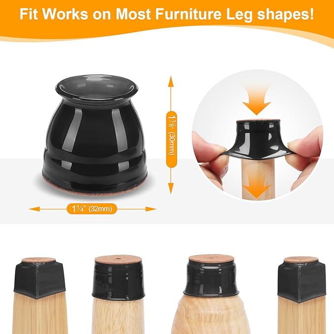 CHUNZEXI 24 Pack Chair Leg Floor Protectors for Hardwood Floors, Silicone Felt Covers Pads Caps, Protect Wood Furniture Feet Floors Noise Reduce and Scratch (Universal Small & Black)