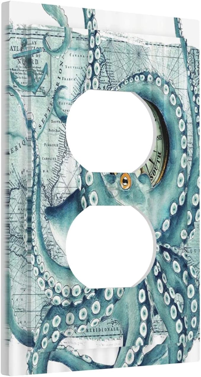 Outlet Covers Vintage Nautical Octopus Eyes Funny Ocean Kraken 1 Gang Duplex Light Switch Cover Decorative Single Receptacle Wall Plate Compass Pirate Map Electrical Switchplate for Farm Home