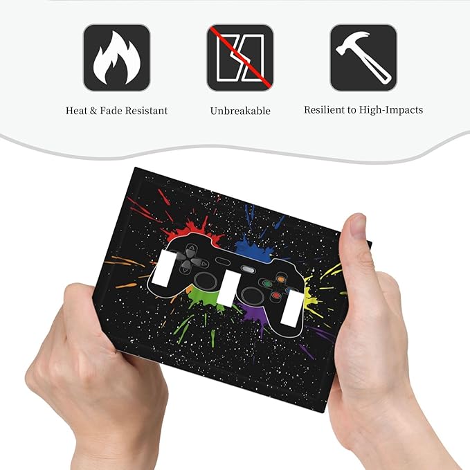 Classic Videogames Controller Black Splash Ink Colorful Decorative Switch Plates 3 Gang Wall Plate Triple Toggle Light Switch Cover Faceplate Electrical Wall Panels for Kids Room Nursery Decor