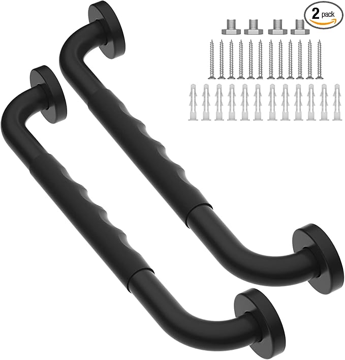 2 Pack 16 Inch Anti-Slip Shower Grab Bars w/Rubber Grip, iMomwee Stainless Steel Bathroom Wall Mount Matte Black Grab Bar Handle, Safety Balance Handrail, Handicap Elderly Senior Assist Bath Handle