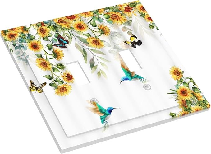 Yellow Sunflower Blue Hummingbird Butterfly Double Toggle Light Switch Cover Plate Decorative Rustic Farmhouse Floral Botanical 2-Gang Wall Plate Dual Device Electrical Switchplate for Bedroom