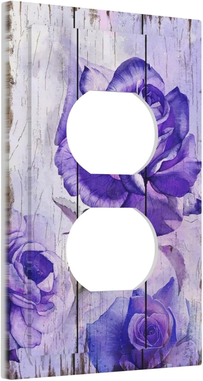 Outlet Covers Purple Rose Flower Rustic Wood Plank 1 Gang Duplex Light Switch Cover Plate Decorative Wall Plates Electrical Switchplate Receptacle Cover for Farmhouse Bathroom Decor