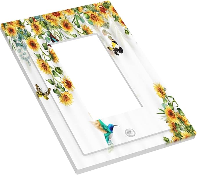 Yellow Sunflower Blue Hummingbird Butterfly Single Rocker Light Switch Cover Rustic Farmhouse Floral Plant 1 Gang Outlet Cover Decorative Gfci Electrical Wall Plate Dimmer Switchplate for Home