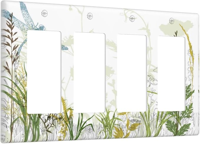 Wild Flower Dragonfly 4 Gang Rocker Light Switch Cover Plates Decorative Electric Outlet Covers Decorator Wall Switch Plate Receptacle Plug Covers 8 * 4.5 Inches