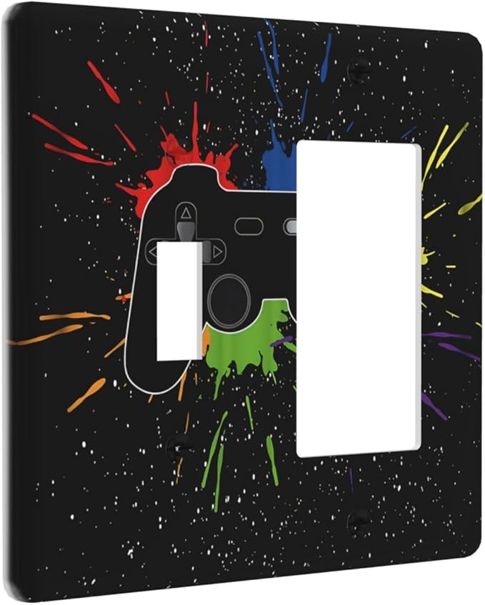 Classic Videogames Controller Black Splash Ink Colorful Outlet Covers 1 Toggle 1 Rocker Combination Decorative Wall Plate Electrical Switch Plates Light Switch Cover Plate for Kids Room Nursery Decor