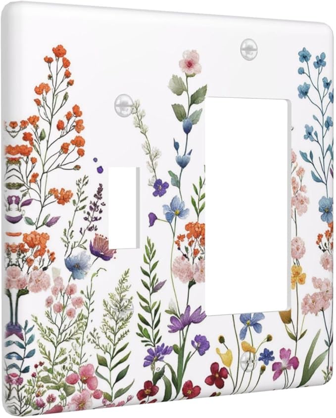 Rustic Wild Floral Vintage Colorful Flowers 2 Gang Combination Light Switch Covers Decorative Toggle Rocker/Decora Wall Plate Electrical Receptacle Switchplate Dimmer Faceplate for Bathroom