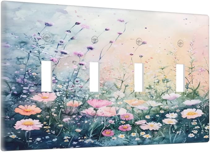 Decorative Switch Plate Covers Pink Floral Wildflower Green Plants 4 Gang Light Switch Cover Plate Quad Toggle Wall Plate Light Switch Covers for Bathroom Decor