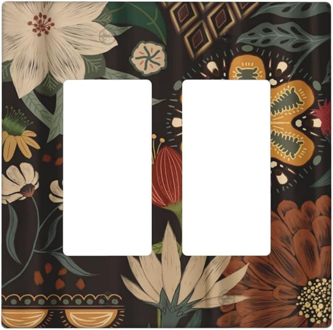 Boho Floral Tropical Leaves Double Rocker/Decora Outlet Covers Bohemian Flowers Botanical 2 Gang Artistic Light Switch Cover Decorative Gfci Wall Plate Electrical Switchplate for Bedroom Decor