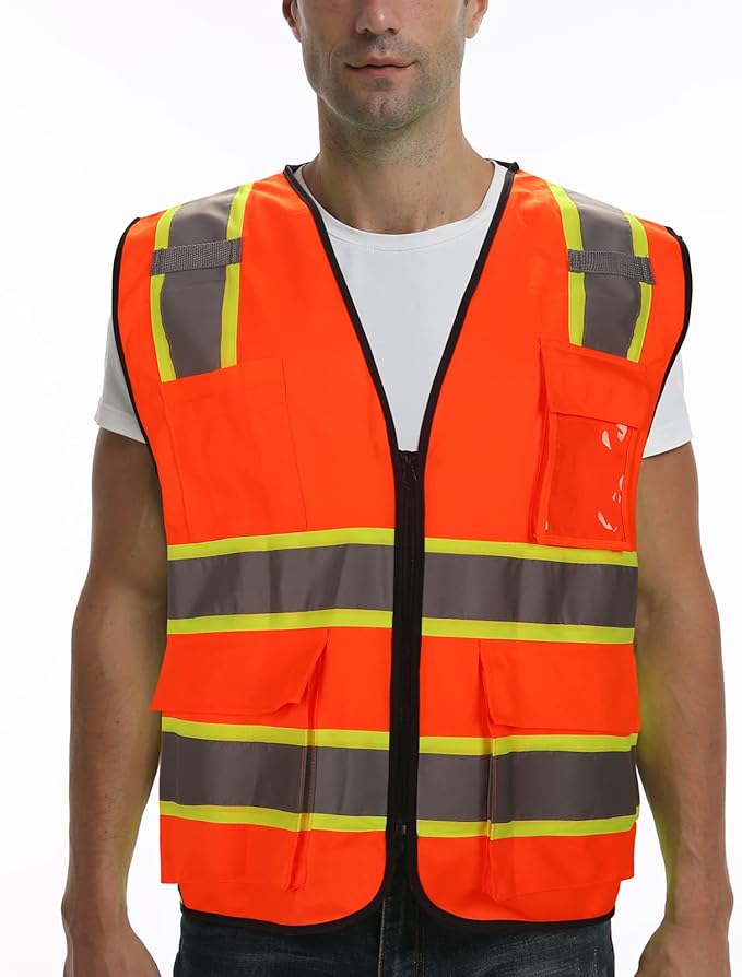 9 Pockets High visibility Class 2 Safety Vest，Hi Vis Vest with 2 inch wide Reflective Strips security vest with Zipper construction work vest for men &women Orange，2XL