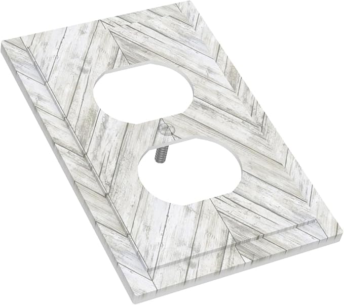 Rustic White Gray Herringbone Wood 1 Gang Outlet Plate Covers Decorative Single Duplex Wall Plate Vintage Country Electrical Faceplate Light Switch Cover Switchplate for Farmhouse Living Room Decor