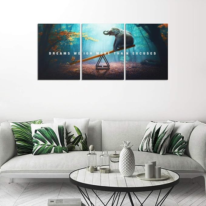Unbruvo Elephant Wall Art for Office, Motivational Inspirational Canvas Wall Art, 3 Pieces Elephant Painting Prints Wall Decor for Living Room Bedroom Classroom Dorm(60”Wx28”H)