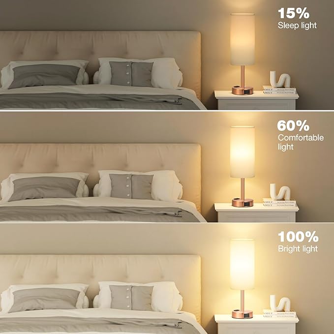 Fenmzee Bronze Nightstand Bedroom Lamp - 3 Way Dimmable Bedside Lamp USB C A Charging Ports and AC Outlet, Small Table Lamp White Linen Lampshade for Desk, LED Bulb Included