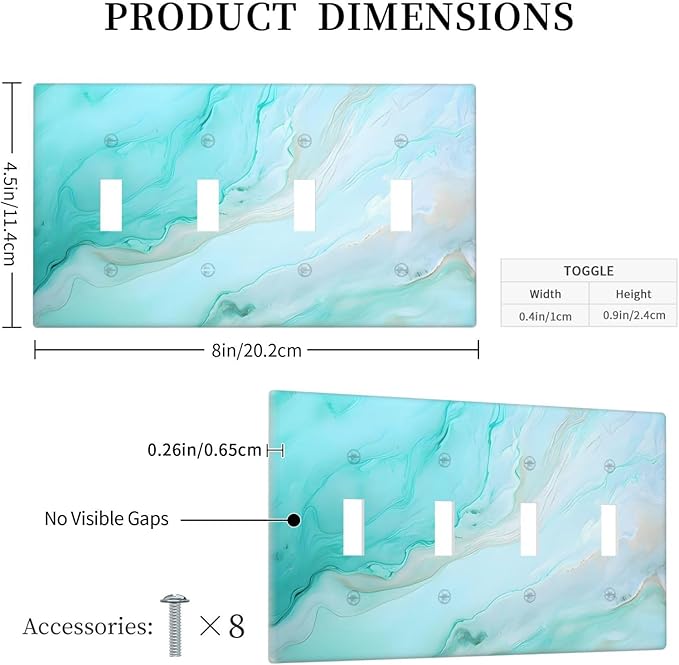 Teal Gold Marbling Turquoise Print Light Switch Covers Quad Toggle Electrical Faceplate 4 Gang Wall Plate Decorative Switch Plates Cover for Bathroom Living Room Home Decor